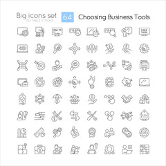 Choosing business tools linear icons set. Optimize working process. Software updating. Customizable thin line symbols. Isolated vector outline illustrations. Editable stroke. Quicksand-Light font used