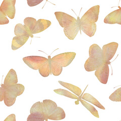 Seamless watercolor pattern, abstract botanical background, bright butterflies for design, wallpapers, invitations.