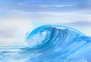 Sea wave painted with watercolors. Sea landscape. Big wave during a storm.