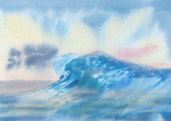 Seascape with a wave on the background of the sky. Sea drawing. Sea wave painted in watercolor on paper. blue background