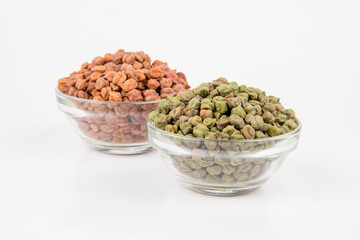 Black Chickpeas or Kala Chana with chana dal pulse isolated on wooden Background.