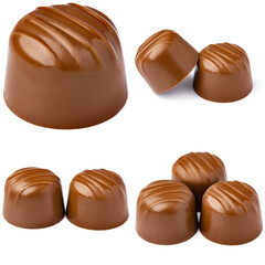 Chocolate candies collection collage isolated on white.