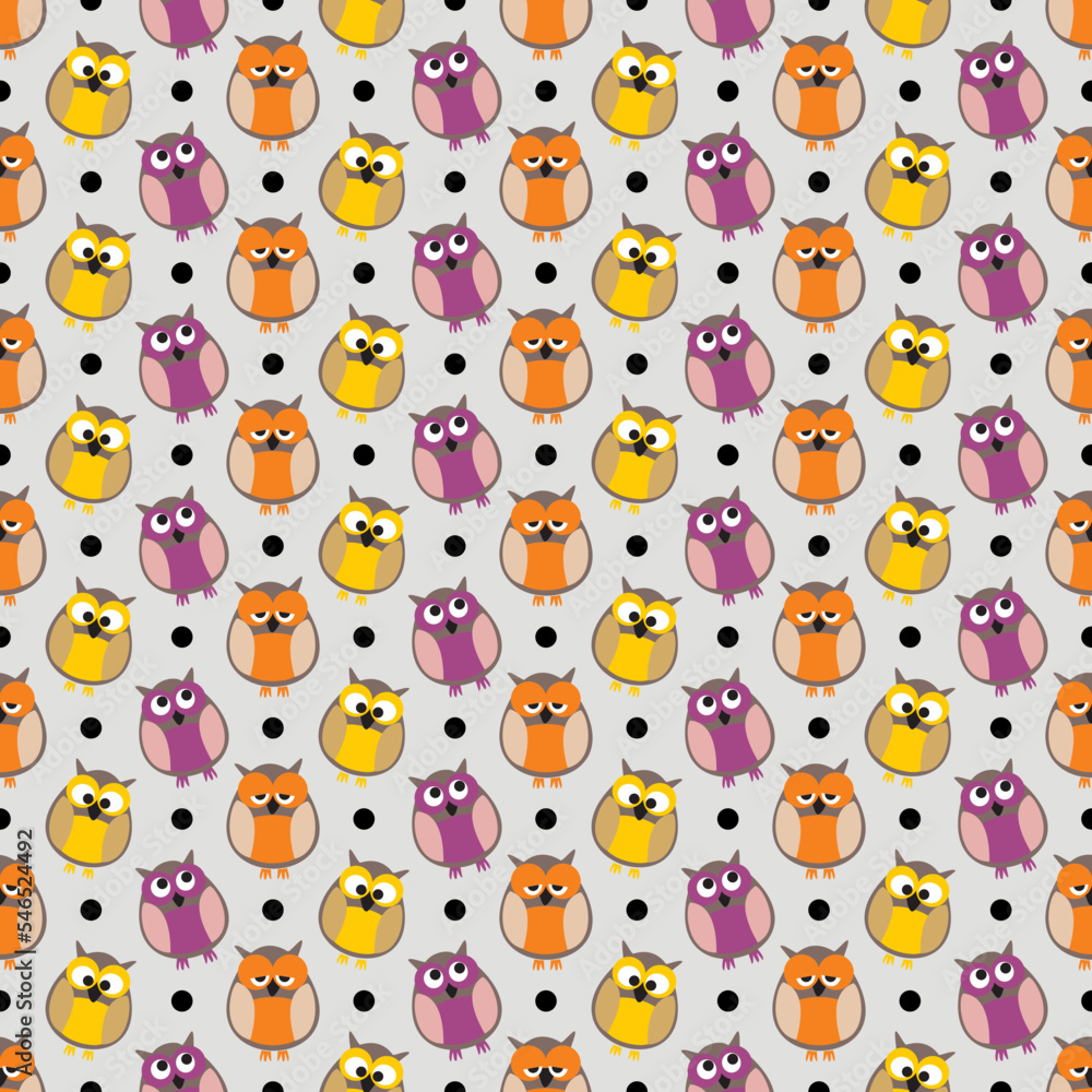 Poster tile vector pattern with owls and dots on grey background