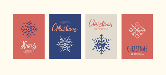Merry Christmas card with hand drawn snowflakes and lettering