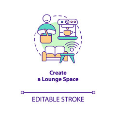 Create lounge space concept icon. Attract clients to retail store way abstract idea thin line illustration. Isolated outline drawing. Editable stroke. Arial, Myriad Pro-Bold fonts used