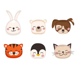Set with cute animal heads of penguin, tiger, hare, bear, dog and cat in childish style with smile face and eyes. Vector flat illustration for holidays
