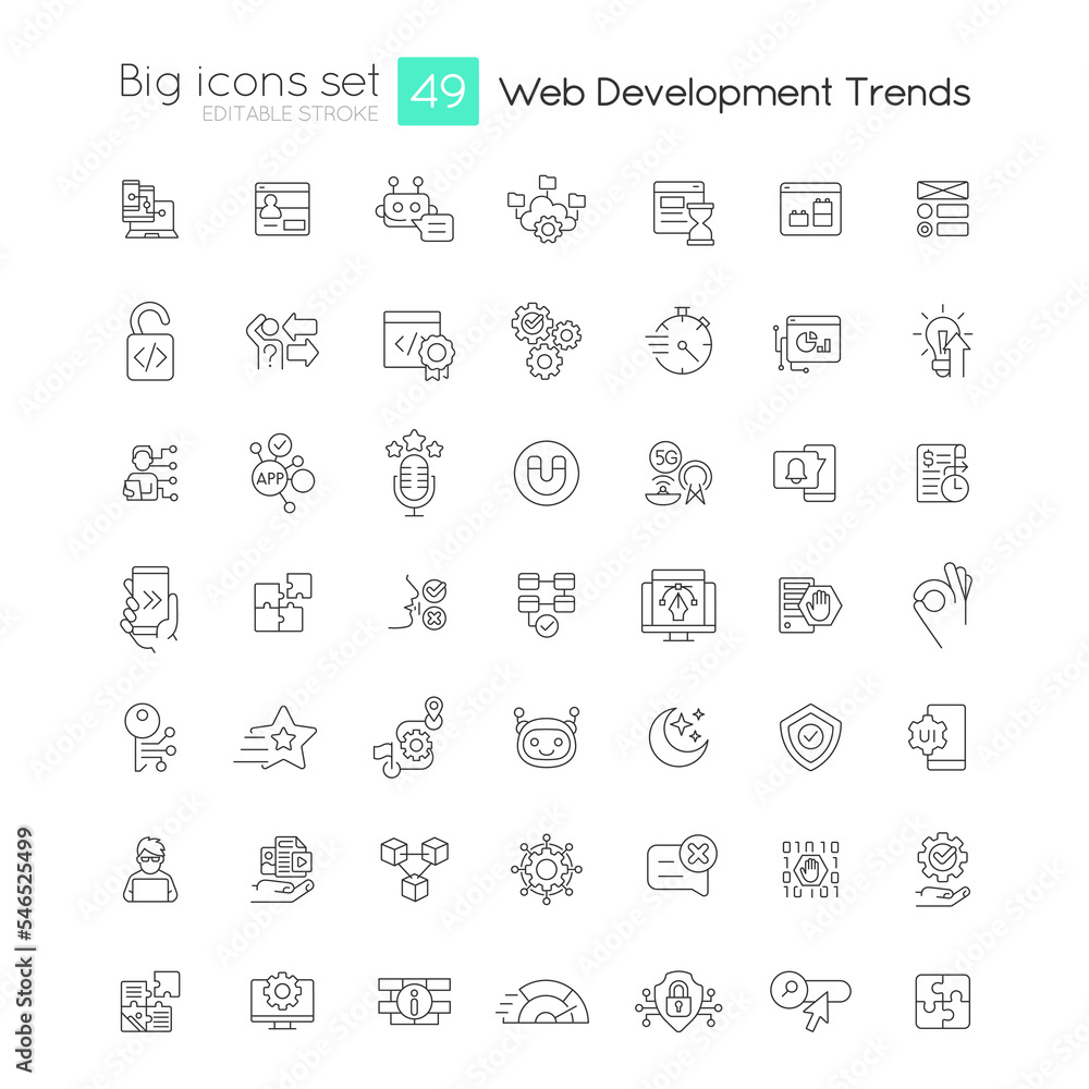 Poster web development trends linear big icons set. user experience. website innovations. digital technolog