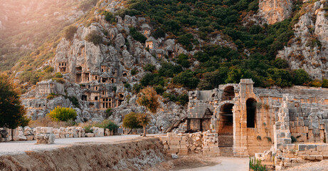 Banner ruins Myra Ancient City in Demre to Antalya, archaeology landmarks of Turkey sunset light