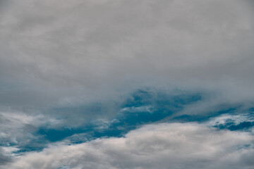 White clouds in the summer sky. Cloudscape background. Concept of climate change.