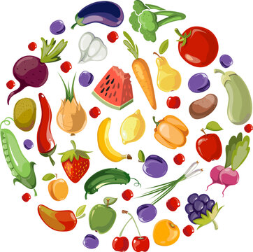 Fruit and vegetables circle. Round cartoon food pattern