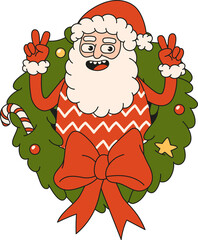 Christmas wreath and Santa Claus in trendy retro cartoon style.