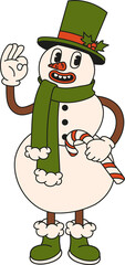 Christmas character snowman in trendy retro cartoon style. Vinta