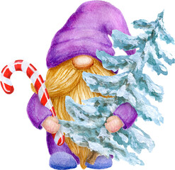 Watercolor Cute Gnome with snowy Christmas Tree. Little gnome in funny hat with striped candy cane. Holidays aquarelle gnome man for New year greetings card or invitation.