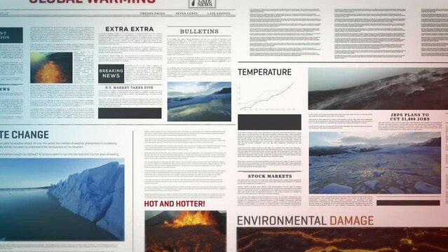 Global warming newspaper full of climate crisis articles - 3D render with live footage