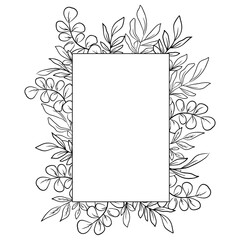 Black and white ink floral frame for wedding or greeting card, hand drawn eucalyptus leaves