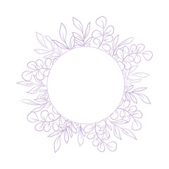 Violet circle floral frame for wedding or greeting card, hand drawn eucalyptus leaves