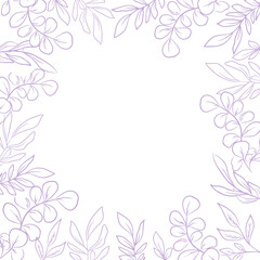 Violet pastel floral frame for wedding or greeting card, hand drawn eucalyptus leaves