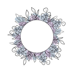 Violet circle floral frame for wedding or greeting card, hand drawn eucalyptus leaves