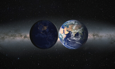 Fototapeta na wymiar Planet Earth. Day and Night Side of our Planet, Milky way galaxy in the background 