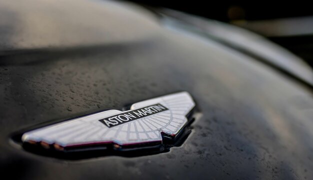 Aston Martin closeup on the logo, Haynes motor museum.