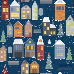 Holiday winter pattern with cute houses, decorations and snowy weather. Christmas Eve in town vector illustration