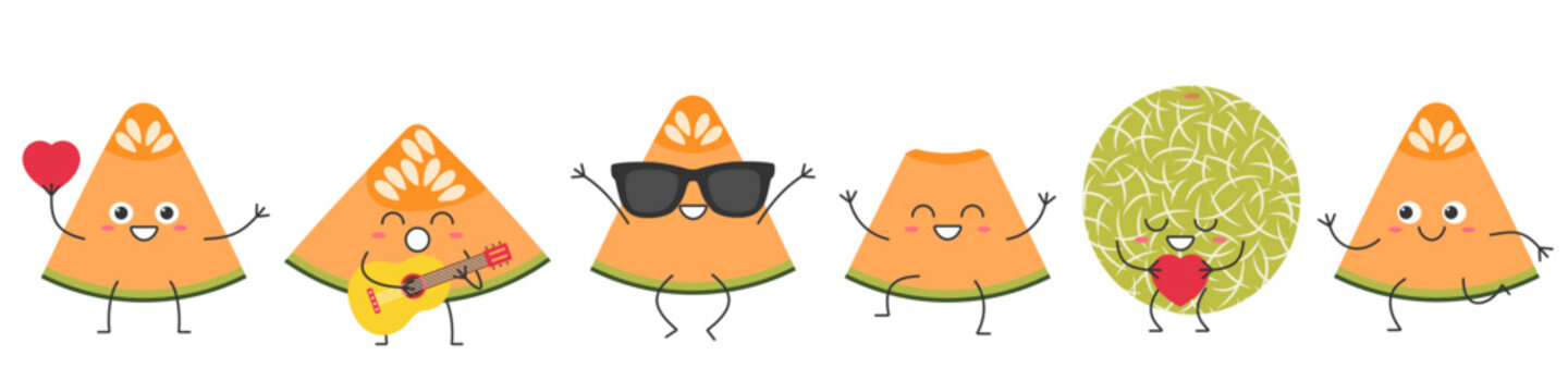 Set slice melon cute character cartoon greet jump love run sing smiling face cheerful kawaii joy happy emotions icon vector illustration.