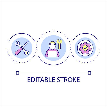 Computer service loop concept icon. Hardware maintenance company. Set up software. Testing device abstract idea thin line illustration. Isolated outline drawing. Editable stroke. Arial font used