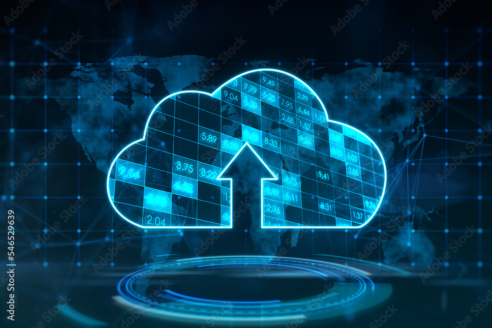 Fototapete Cloud computing technologies and online storage concept with digital cloud icon with arrow up inside above blue circle on dark background with world map silhouette. 3D rendering