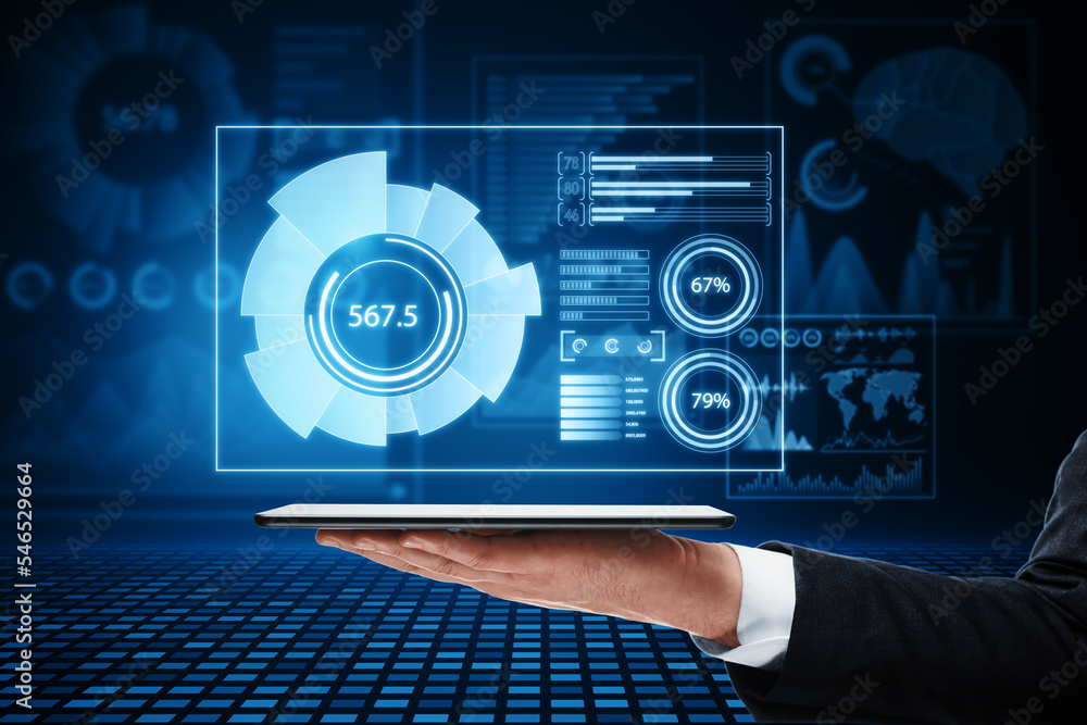 Poster close up of businessman hand holding cellphone with abstract glowing blue business charts and graphs