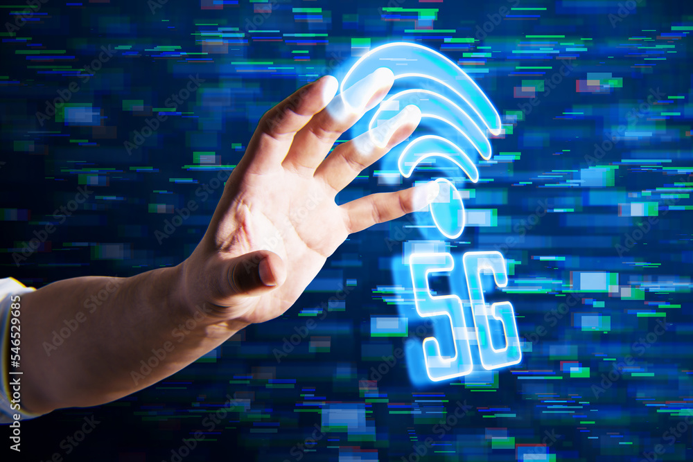 Poster hand using 5g glitchy icon hologram on blurry background. 5th generation wireless internet network c