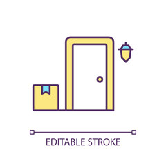 Doorstep parcel RGB color icon. Address delivery. Personal shipping. Postal service. Receive order. Isolated vector illustration. Simple filled line drawing. Editable stroke. Arial font used