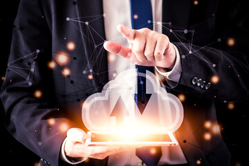 Cloud computing concept. Business man use computer tablet with cloud computing diagram show on hand.
