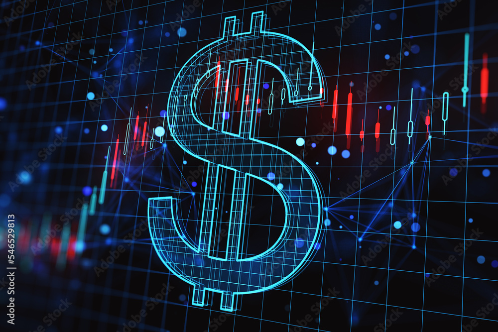 Poster International and global market exchange concept with dollar symbol on abstract dark technological background with world map and financial chart growing candlestick. 3D rendering