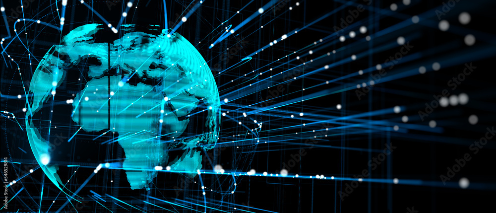 Poster Global technologies concept with glowing digital world map globe on abstract dark background with blurred dots and lines side view. 3D rendering