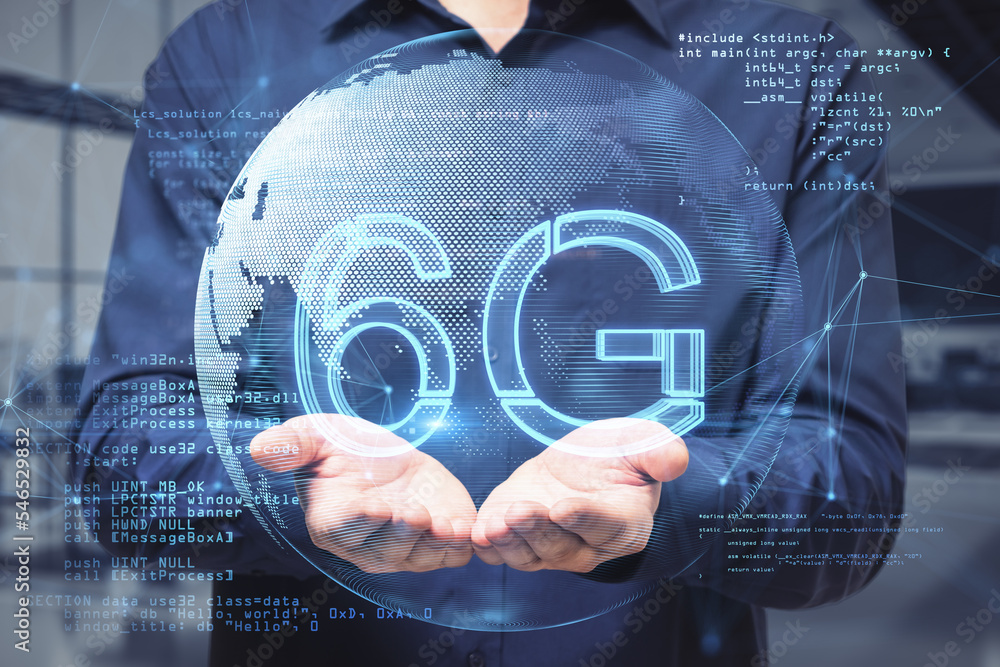 Poster Close up of businessman hands holding glowing planet earth globe hologram with 6G and index graph on blurry office background. Mobile internet network, speed and signal. Double exposure.