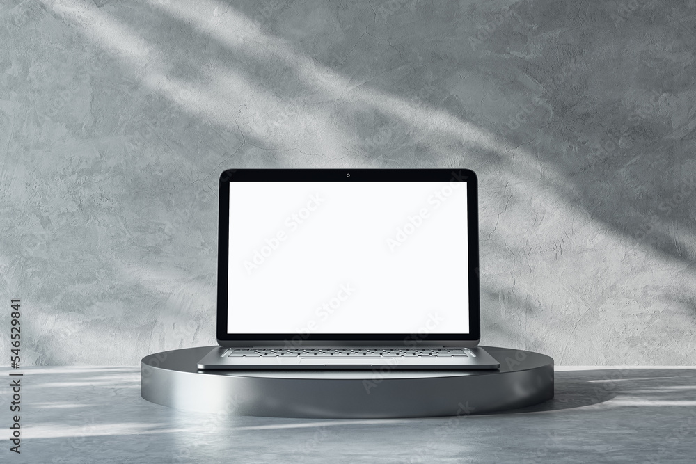 Aufkleber front view on blank white modern laptop screen with place for your logo or text on dark metallic rou
