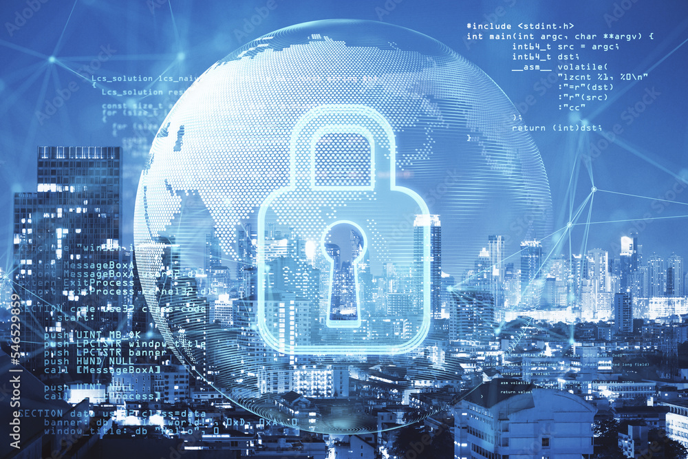 Poster Abstract safety hologram with globe and coding on blurry night city and sky backdrop. Secure, protection and web concept. Double exposure.