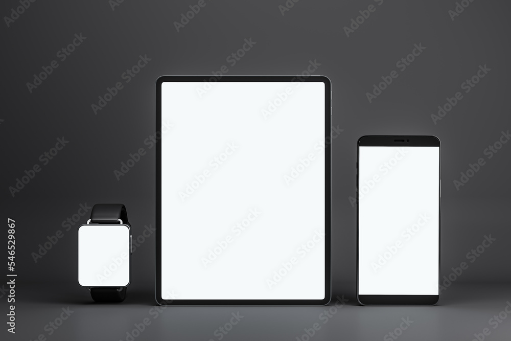 Poster front view on blank white modern devices screens with place for your logo or text, smart watches, di