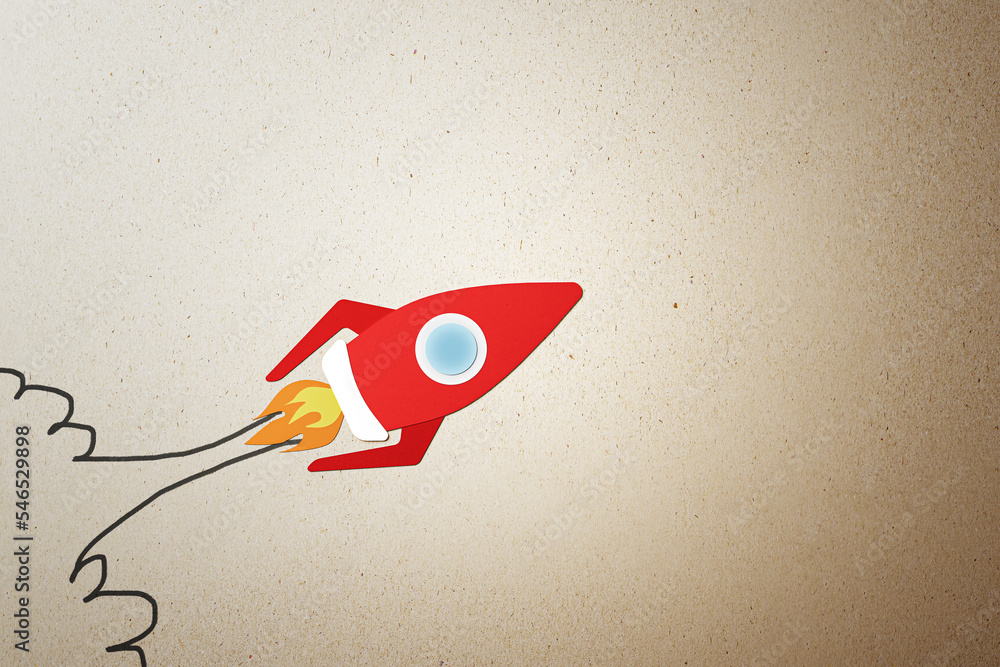 Aufkleber Creative image of red rocket sketch flying up on light backdrop. Start up and business ideas concept. 3D Rendering.