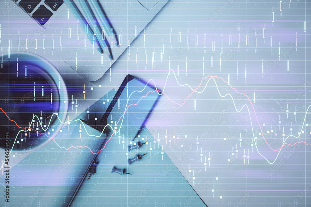 Poster Double exposure of forex graph drawing over desktop background with computer. Concept of financial analysis. Top view.