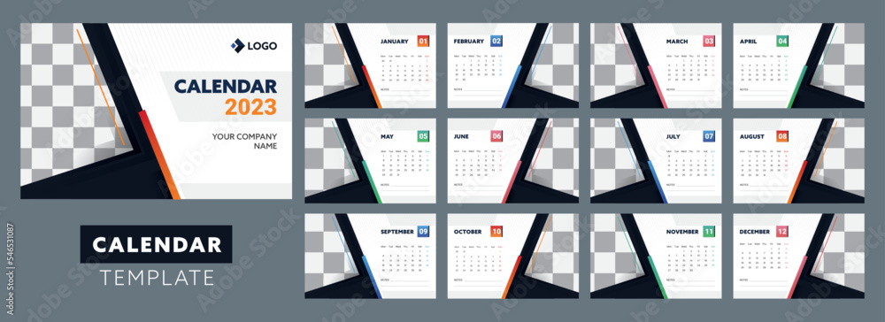 Poster 2023 yearly calendar template design set with space for image against gray background.