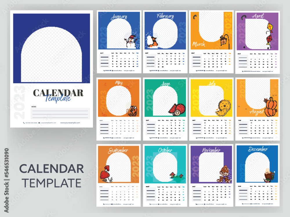 Poster multicolor 2023 yearly calendar template design set with space for text or image against gray backgr