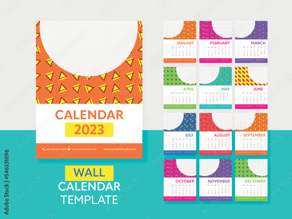 Poster 12 month, 2023 colorful yearly wall calendar template with geometric pattern and space for text or i