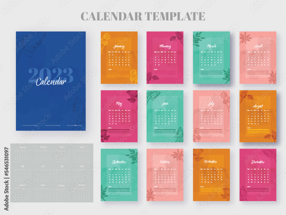 Poster 2 formats complete set of 2023 yearly calendar template design in different color.