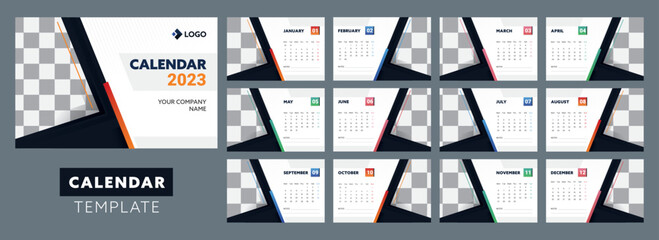 2023 Yearly Calendar Template Design Set With Space For Image Against Gray Background.