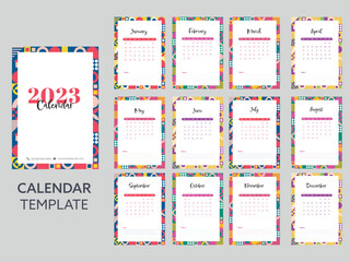 12 Month, 2023 Calendar Template Design In Bauhaus Pattern Border Against Gray Background.