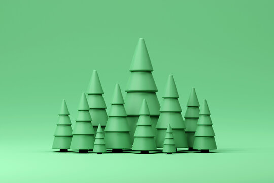 Green lowpoly firtrees on a green background. 3d illustration