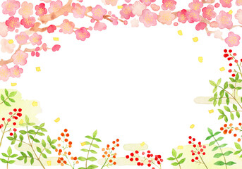 水彩で手描きした梅と南天のお正月フレーム