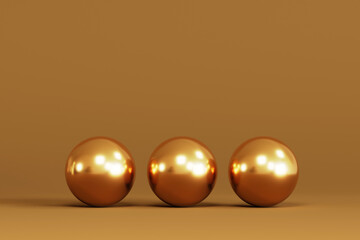 Three gold Christmas tree bauble isolated on a dark background. 3d render