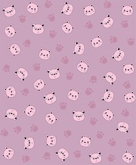Background with bear faces in pink tones, female bear faces, footprints, bear feet, baby fashion, starry rapport,